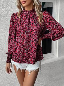 SHEIN PETITE 女士优雅碎花荷叶边领长袖衬衫 - 紅色 - 查看 3