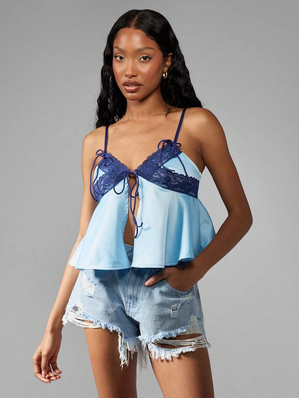 MISSGUIDED Flirty Babydoll Cami Top Lace Trim Empire Waist Peplum