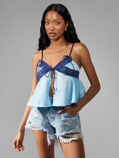MISSGUIDED Flirty Babydoll Cami Top Lace Trim Empire Waist Peplum