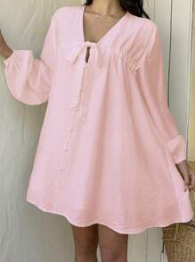 Sunnyshic Women's Solid Color Casual Tie-Front V-Neck Bowknot Short Dress, Vacation & Daily Wear, Spring/Summer - Baby Pink - View 6