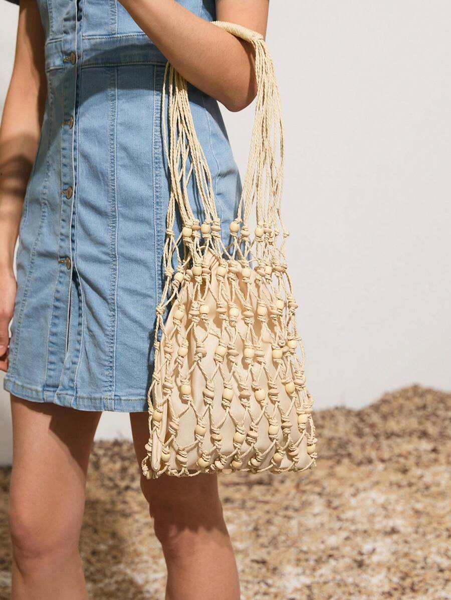 SHECARRY Women's Simple & Practical Multifunctional Woven Tote Bag - Apricot - View 1