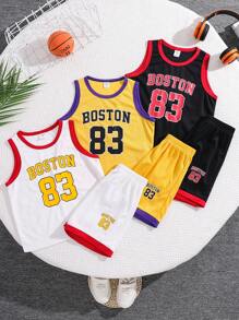 6 Pieces Set Young Boys Boys Casual Sport Sport With Sport Elements Letter Pattern Round Neck Shirt And Shorts Kids Outfits Young Boy Clothes Back To School Boys Set Suitable For Birthday Parties, Parties, Performances, Weddings, Baptisms, Back-To-School Ceremonies Suitable For Daily Use Suitable For School Suitable For Travel Suitable For Sports Suitable For Spring, Summer