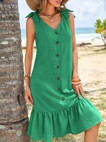 RueChic 女士纯色单排扣结肩无袖连衣裙 - 綠色 - 查看 6