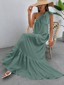 EURMUSE One Shoulder Tie Knot Peplum Maxi Dress - Mint Green - View 4