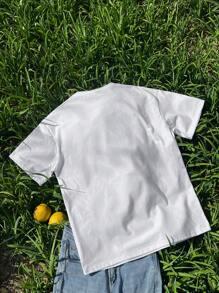 SHEIN EZwear Camiseta de mujer de manga corta, cuello redondo, corte slim con estampado de gato en un estilo casual y sencillo, adecuada para el verano - Blanco - Ver 3