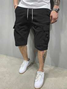 Manfinity Homme 宽松版型男士翻盖口袋抽绳黑色休闲工装短裤 - 黑色 - 查看 4