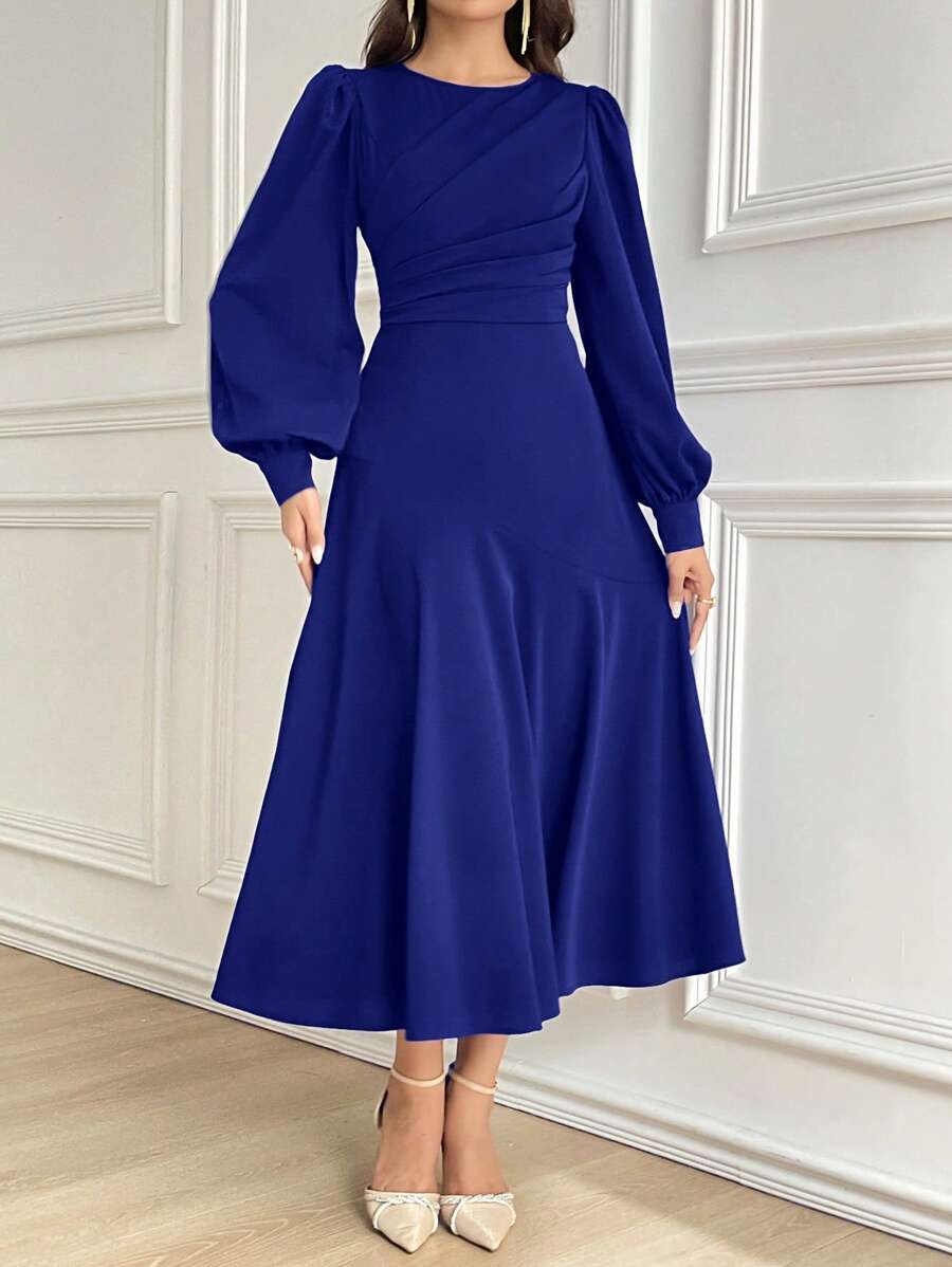 Modelyn 女士优雅纯色灯笼袖连衣裙，秋季长款晚礼服 - 寶藍色 - 查看 1