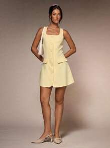 Glamine Nuevo vestido casual mini para mujer de primavera temprana, con escote cuadrado, sin mangas, bolsillo falso, ajuste delgado y apropiado para ir a trabajar