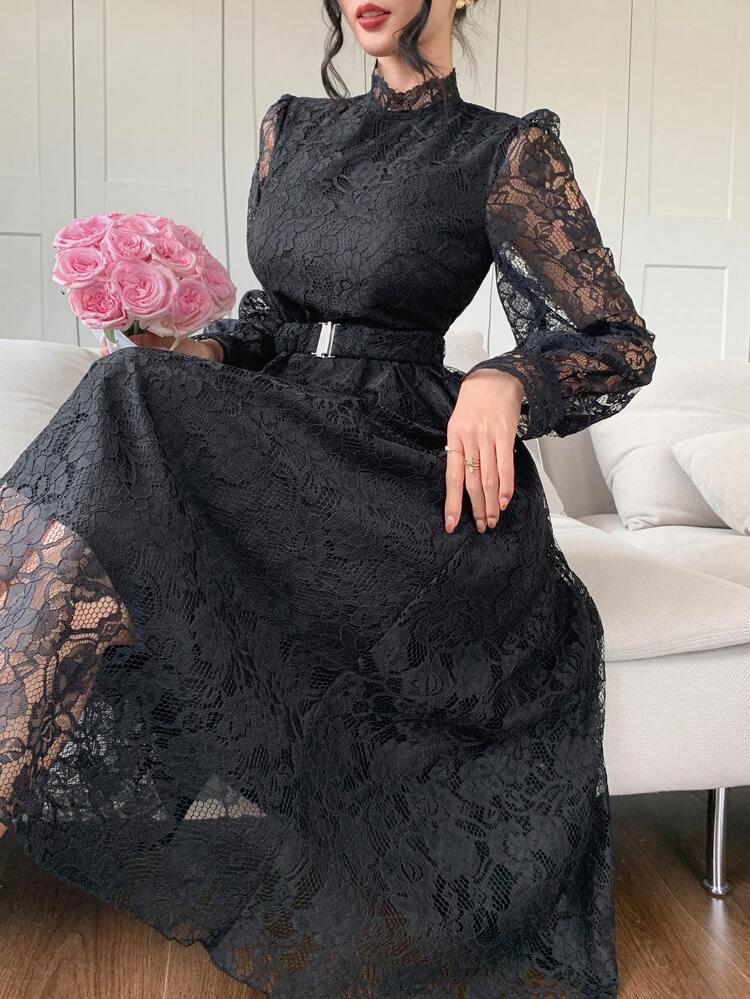 Elegant Lace Stand Collar Puff Sleeve Mid-Length Dress For Wedding Guest, Spring Season, Fall Dress Long Sleeve Dress