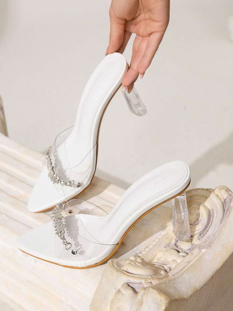 CUCCOO CHICEST Women's Crystal Chain & PVC Pointed Toe Flat Clear Heel High Heels, Elegant And Sexy White Transparent Stilettos For Party, Date Night, Clubwear