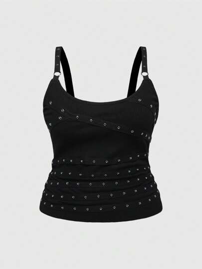 Grunge Punk Plus Size Women's Sexy Rhinestone & Rivet Decor Sleeveless Beach Top Crop Top, Black Scoop Neck Casual Tank Top For Summer, Beach, Graduation, Easter, Music Festival, Concert
