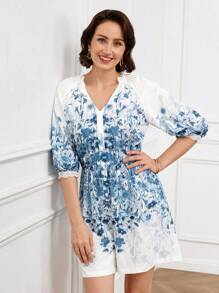 Miaspire Mono con estampado floral y cuello en V para mujer, primavera/verano