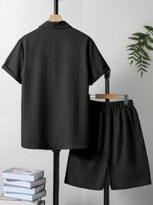 Teen Boy 2pcs/Set Casual Button-Front Short Sleeve Top And Drawstring Shorts Set, School, Campus, College - Black - View 2