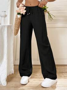 SHEIN Tall Casual Straight-Leg Pants For Tall People, Spring/Summer Fall Cloth For Women - Black - View 1