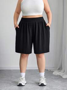 SHEIN CURVE+ 2pcs Plus Size Women Black & Gray Knee-Length Shorts Set, Loose Bermuda Shorts, Casual Vacation & Daily Wear - Multicolor - View 4