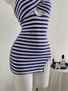 Elamini Đầm ôm body mini hở lưng dệt kim họa tiết xanh trắng, trang phục thường ngày đi nghỉ, tiệc cưới thanh lịch, dễ thương, phù hợp cho phụ nữ mùa hè - Xanh và trắng - Xem 5