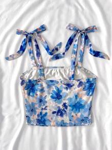 SHEIN Camicetta a fascia con stampa floreale lavorata a maglia, con fiocchi sulle spalline, adatta per ragazze adolescenti, per l estate, le vacanze e i viaggi