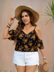 SHEIN LUNE Plus Size Vacation Casual Floral Print Open Shoulder Camisole