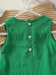 SHEIN Playful Pals 女童荷葉邊無袖純色洋裝 休閒舒適 夏季公主風 百搭外出與疊穿 嬰幼女童服飾 女孩洋裝 - 綠色 - 查看 6