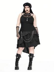 ROMWE Goth Plus Size Punk Eyelet Cutout Fishnet Patchwork Camisole Tank Top - Black - View 3