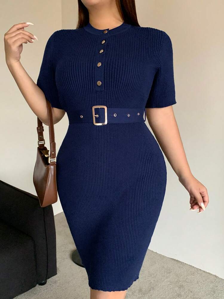 Dazy Plus Solid Color Round Neck Fitted Shirt Decor Waist Tie Midi Sweater Dress, Short Sleeve, Spring/Summer