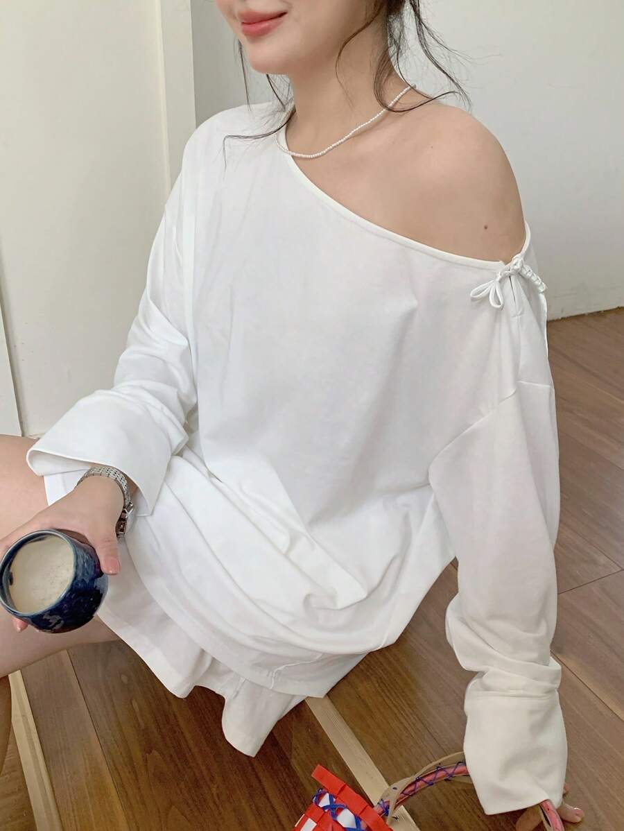 Dazy Plus 2 Pieces Set: Solid Color Loose Boat Neck Long Sleeve Pullover Top And Elastic Waist Skirt,Fall Women Clothes - White - View 1