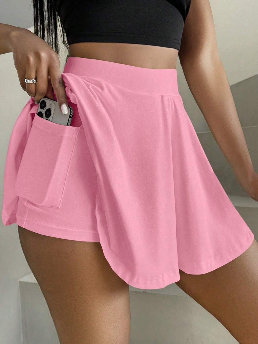 Zolique Váy ngắn có túi đựng điện thoại màu trơn đơn giản mùa hè cho nữ - Hồng - Xem 1