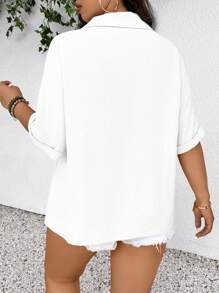SHEIN Frenchy 女士加大码前开设计纹理面料舒适休闲短袖衬衫，适合春夏季女士春季上衣夏季女士上衣优雅女士连衣裙 - 白色 - 查看 6