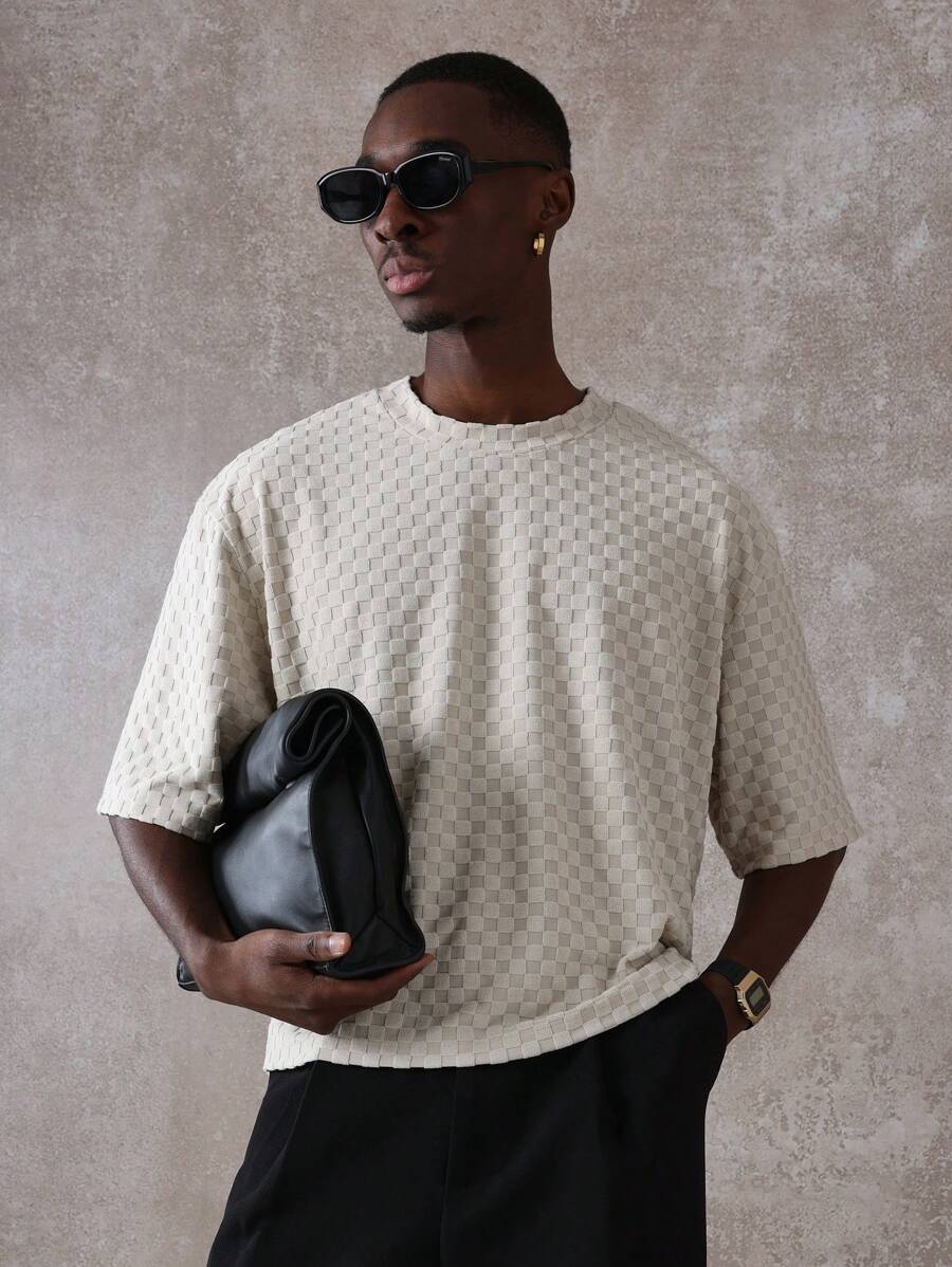 SUMWON Luxury Textured Checkerboard Pattern Short Sleeve Oversized T ...
