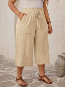 SHEIN VCAY Plus Size Leisure Solid Color High Waist Loose Pants,Summer Pants - Khaki - View 1