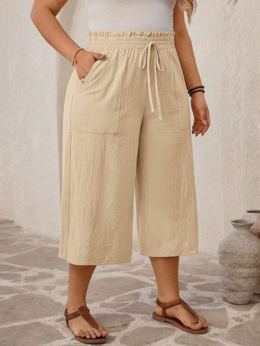 SHEIN VCAY Plus Size Leisure Solid Color High Waist Loose Pants,Summer Pants - Khaki - View 1