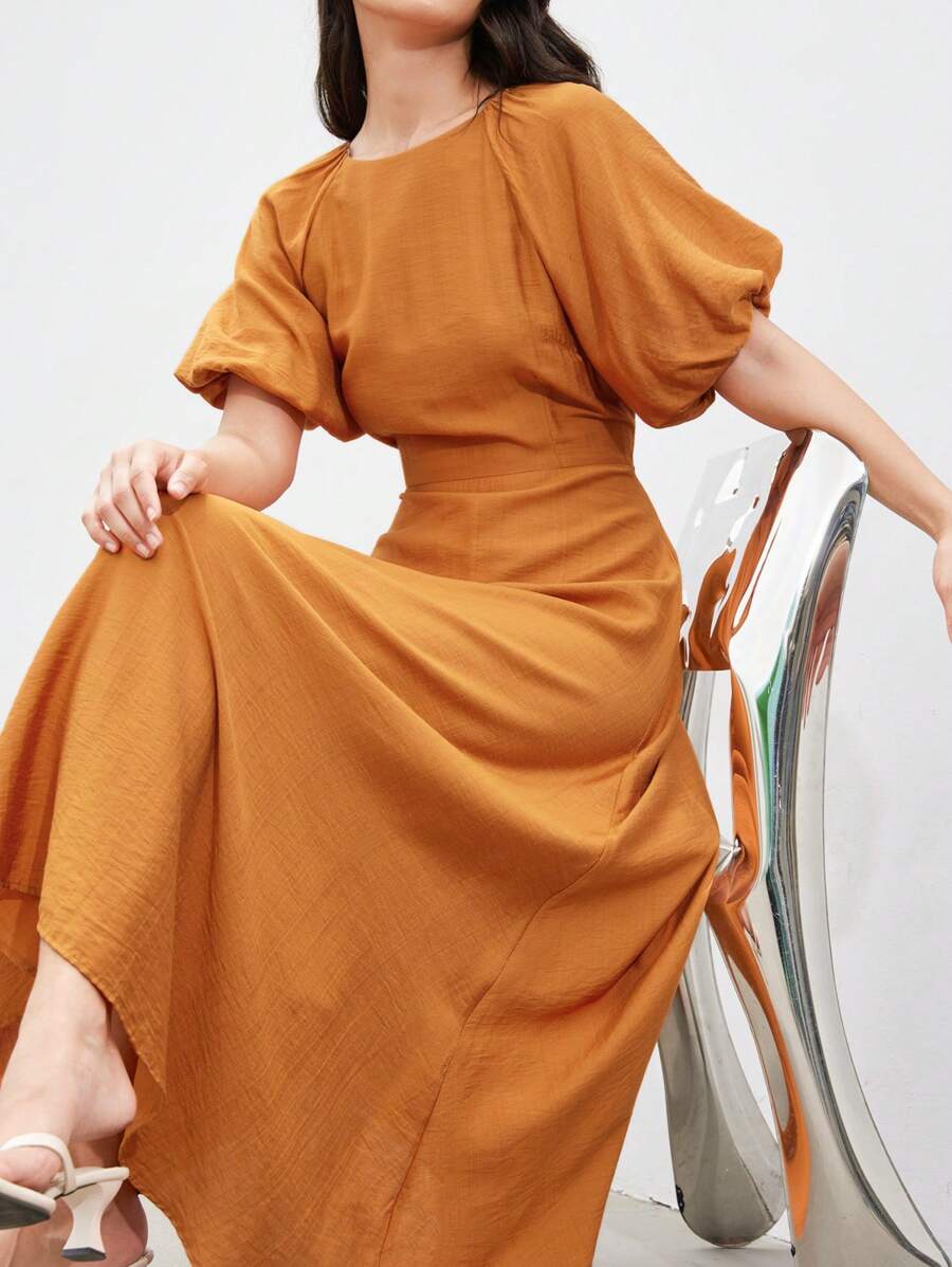 Aveloria Modichic Đầm dài chữ A tay ngắn cổ tròn bằng tre màu nâu thanh lịch cho khu nghỉ dưỡng dành cho nữ - màu nâu - Xem 1