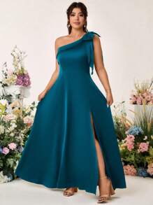 Cravure Plus Size Asymmetric Neck Sleeveless Bowknot Solid Color Satin A-Line Slit Ankle-Length Party Dress Women Dresses Birthday Women Casual Dress Women Plus Sun Dress