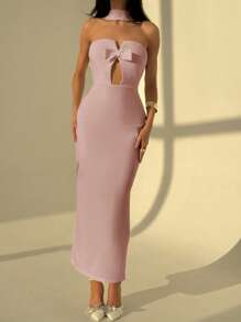 Aloruh Wedding Season Wrap Collar Model Slit Bow Detail Bodycon Dress For Women - Pink - View 7