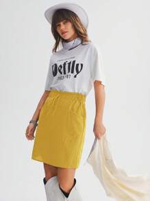 SHEIN LUNE Women's Solid Color Frill Hem Tie Waist Pocket Short Casual Skirt