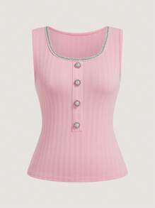 SHEIN Clasi Women's Knitted Sleeveless Elegant Tank Top With Scoop Neck Rhinestone Button Decor - Pink - View 1
