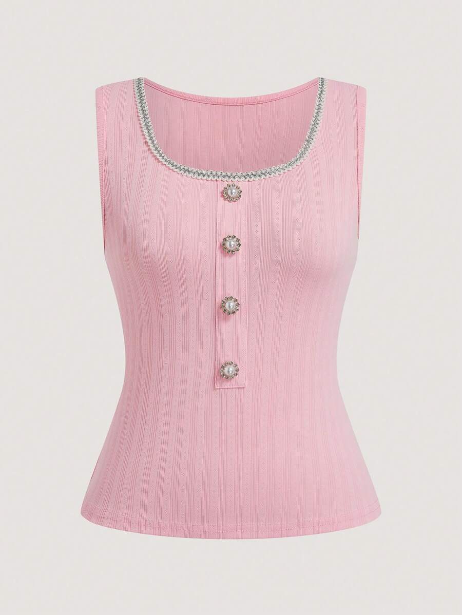 SHEIN Clasi Women's Knitted Sleeveless Elegant Tank Top With Scoop Neck Rhinestone Button Decor - Pink - View 1