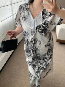 Dazy Plus Loose Leaf Print Patchwork Ruffled Hem Short Sleeve Summer Dress,Casual Women Dresses - Black and White - View 6