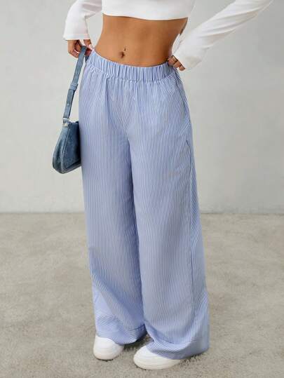 SHEIN PETITE 女士休闲通勤条纹阔腿裤