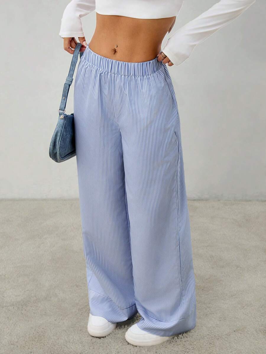 SHEIN PETITE 女士休闲通勤条纹阔腿裤 - 藏蓝色 - 查看 1