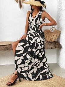 EMERY ROSE Váy không tay cổ chữ V in họa tiết toàn bộ và viền nhún bèo cho trang phục đi biển mùa hè dài - màu đen - Xem 7