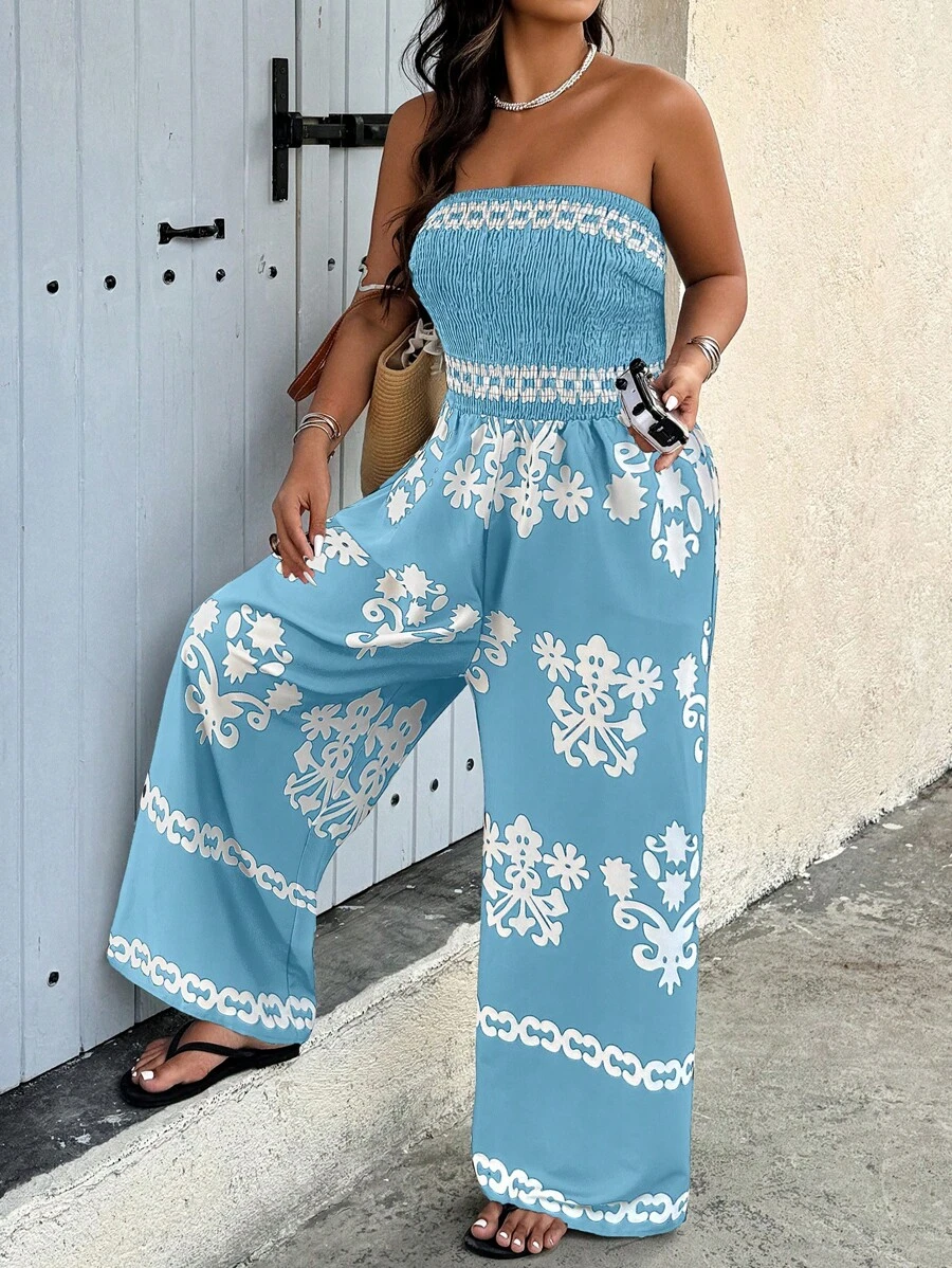SHEIN Clasi Bộ đồ liền thân ống in họa tiết thường ngày cho kỳ nghỉ cỡ lớn dành cho nữ - Nhiều màu - Xem 1