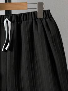 Teen Boy 2pcs/Set Casual Button-Front Short Sleeve Top And Drawstring Shorts Set, School, Campus, College - Black - View 7