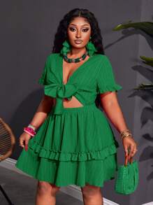 SHEIN Slayr Women Plus Size Mini Dress - Casual Romantic Vacation Outfit, Sexy Form-Fitting Solid Rose Red Short Sleeve With Ruffled Chest Tie-Front A-Line, Woven Textured Fabric, Spring/Summer - Green - View 6