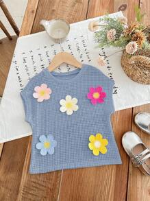 SHEIN LMoss Kids 年轻女孩时尚彩色花卉针织纯色圆领 T 恤 - 藍色 - 查看 5
