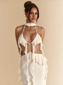 SHEIN BAE Váy Maxi dài hở lưng thanh lịch màu mơ/trắng viền bèo nhún, dài thêm, hở lưng, thích hợp cho kỳ nghỉ ở bãi biển, váy Maxi hở lưng phong cách Bohemian, váy hòa nhạc dành cho nữ, mùa xuân/hè - Màu be - Xem 4