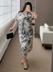 Dazy Plus Loose Leaf Print Patchwork Ruffled Hem Short Sleeve Summer Dress,Casual Women Dresses - Black and White - View 7