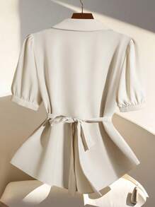 SHEIN Privé New Metal Buckle Decor Back Waist Tie Slim Fit Shirt, Suitable For Commuting, Office, Casual Outdoor Wear - Apricot - View 2