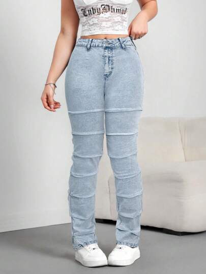 SHEIN Tall Women's Light Wash Extra Long Stacked Denim Jeans Casual High-Waisted Style With Zipper Details