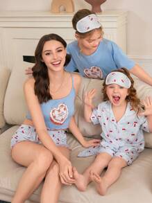 SHEIN Set da 3 pezzi di maglietta a maniche corte e pantaloncini a righe con stampe di ciliegie per bambine e ragazze, adatto per primavera/estate